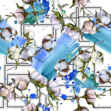 Pamuk botanik çiçek. Vahşi bahar yaprak kır çiçeği. Suluboya resim kümesi. Suluboya çizim moda aquarelle izole. Sorunsuz arka plan deseni. Kumaş duvar kağıdı yazdırma doku.