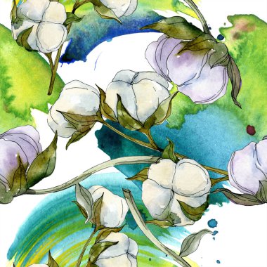 Pamuk botanik çiçek. Vahşi bahar yaprak kır çiçeği. Suluboya resim kümesi. Suluboya çizim moda aquarelle izole. Sorunsuz arka plan deseni. Kumaş duvar kağıdı yazdırma doku.