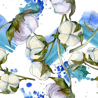 Pamuk botanik çiçek. Vahşi bahar yaprak kır çiçeği. Suluboya resim kümesi. Suluboya çizim moda aquarelle izole. Sorunsuz arka plan deseni. Kumaş duvar kağıdı yazdırma doku.