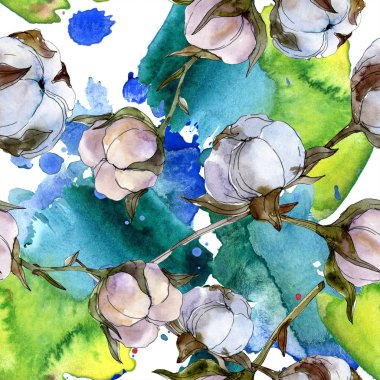 Pamuk botanik çiçek. Vahşi bahar yaprak kır çiçeği. Suluboya resim kümesi. Suluboya çizim moda aquarelle izole. Sorunsuz arka plan deseni. Kumaş duvar kağıdı yazdırma doku.
