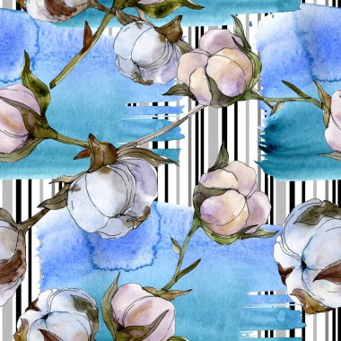 Pamuk botanik çiçek. Vahşi bahar yaprak kır çiçeği. Suluboya resim kümesi. Suluboya çizim moda aquarelle izole. Sorunsuz arka plan deseni. Kumaş duvar kağıdı yazdırma doku.