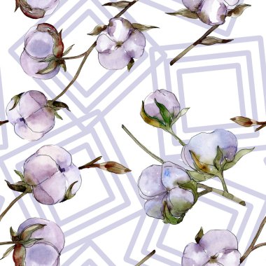 Pamuk çiçek. Suluboya arka plan illüstrasyon küme. Sorunsuz arka plan deseni. 