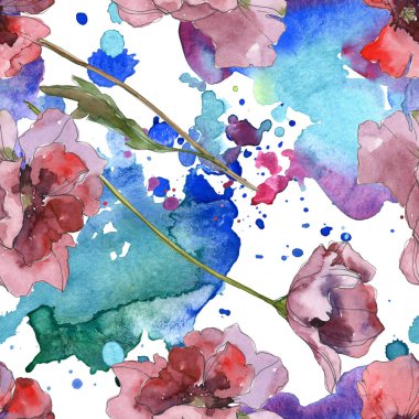 Mor kırmızı haşhaş botanik çiçek. Vahşi bahar yaprak izole. Suluboya resim kümesi. Suluboya çizim moda aquarelle. Sorunsuz arka plan deseni. Kumaş duvar kağıdı yazdırma doku.