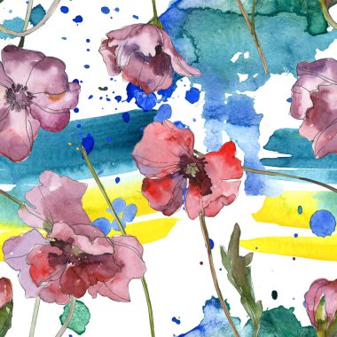 Mor kırmızı haşhaş botanik çiçek. Vahşi bahar yaprak izole. Suluboya resim kümesi. Suluboya çizim moda aquarelle. Sorunsuz arka plan deseni. Kumaş duvar kağıdı yazdırma doku.