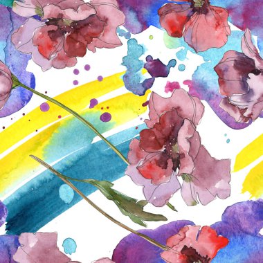 Mor kırmızı haşhaş botanik çiçek. Vahşi bahar yaprak izole. Suluboya resim kümesi. Suluboya çizim moda aquarelle. Sorunsuz arka plan deseni. Kumaş duvar kağıdı yazdırma doku.