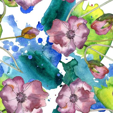 Mor kırmızı haşhaş botanik çiçek. Vahşi bahar yaprak izole. Suluboya resim kümesi. Suluboya çizim moda aquarelle. Sorunsuz arka plan deseni. Kumaş duvar kağıdı yazdırma doku.