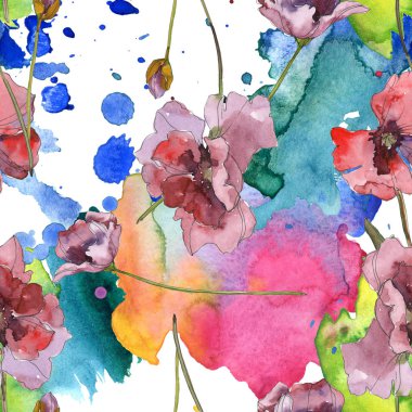 Mor kırmızı haşhaş botanik çiçek. Vahşi bahar yaprak izole. Suluboya resim kümesi. Suluboya çizim moda aquarelle. Sorunsuz arka plan deseni. Kumaş duvar kağıdı yazdırma doku.
