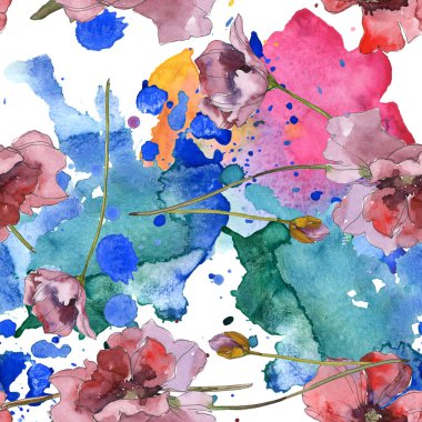 Mor kırmızı haşhaş botanik çiçek. Vahşi bahar yaprak izole. Suluboya resim kümesi. Suluboya çizim moda aquarelle. Sorunsuz arka plan deseni. Kumaş duvar kağıdı yazdırma doku.