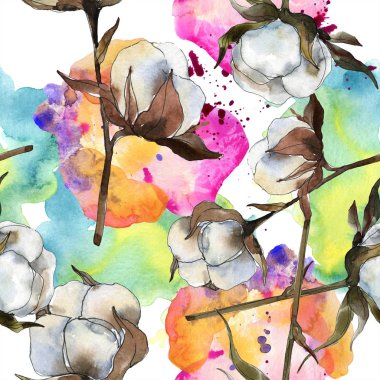 Pamuk botanik çiçek. Suluboya arka plan illüstrasyon küme. Suluboya çizim moda aquarelle izole. Sorunsuz arka plan deseni. Kumaş duvar kağıdı yazdırma doku.
