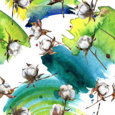 Pamuk botanik çiçek. Suluboya arka plan illüstrasyon küme. Suluboya çizim moda aquarelle izole. Sorunsuz arka plan deseni. Kumaş duvar kağıdı yazdırma doku.