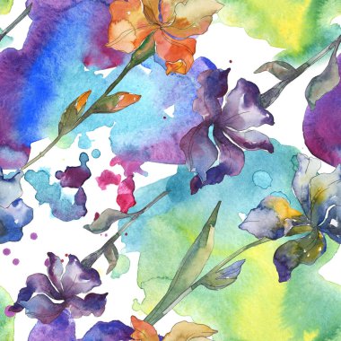 Mor, kırmızı, turuncu ve mavi süsen botanik çiçek. Suluboya arka plan ayarlamak. Suluboya çizim moda aquarelle. Sorunsuz arka plan deseni. Kumaş duvar kağıdı yazdırma doku.