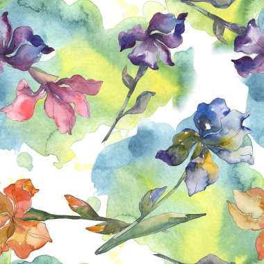 Mor, kırmızı, turuncu ve mavi süsen botanik çiçek. Suluboya arka plan ayarlamak. Suluboya çizim moda aquarelle. Sorunsuz arka plan deseni. Kumaş duvar kağıdı yazdırma doku.