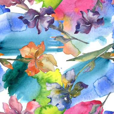 Mor, kırmızı, turuncu ve mavi süsen botanik çiçek. Suluboya arka plan ayarlamak. Suluboya çizim moda aquarelle. Sorunsuz arka plan deseni. Kumaş duvar kağıdı yazdırma doku.