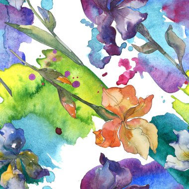 Mor, kırmızı, turuncu ve mavi süsen botanik çiçek. Suluboya arka plan ayarlamak. Suluboya çizim moda aquarelle. Sorunsuz arka plan deseni. Kumaş duvar kağıdı yazdırma doku.