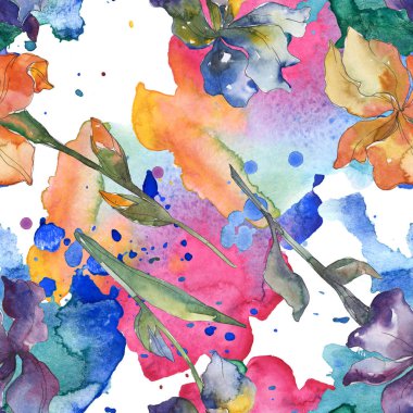 Mor, kırmızı, turuncu ve mavi süsen botanik çiçek. Suluboya arka plan ayarlamak. Suluboya çizim moda aquarelle. Sorunsuz arka plan deseni. Kumaş duvar kağıdı yazdırma doku.