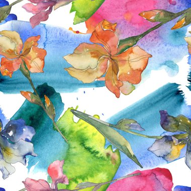 Mor, kırmızı, turuncu ve mavi süsen botanik çiçek. Suluboya arka plan ayarlamak. Suluboya çizim moda aquarelle. Sorunsuz arka plan deseni. Kumaş duvar kağıdı yazdırma doku.