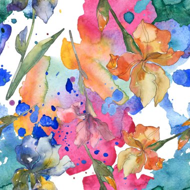 Mor, kırmızı, turuncu ve mavi süsen botanik çiçek. Suluboya arka plan ayarlamak. Suluboya çizim moda aquarelle. Sorunsuz arka plan deseni. Kumaş duvar kağıdı yazdırma doku.