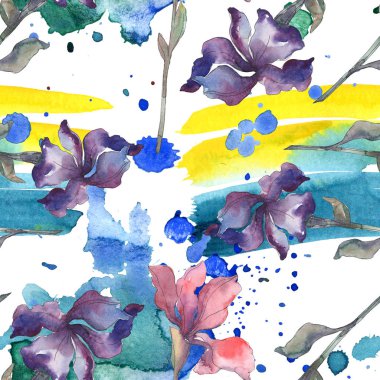 Mor, kırmızı, turuncu ve mavi süsen botanik çiçek. Suluboya arka plan ayarlamak. Suluboya çizim moda aquarelle. Sorunsuz arka plan deseni. Kumaş duvar kağıdı yazdırma doku.