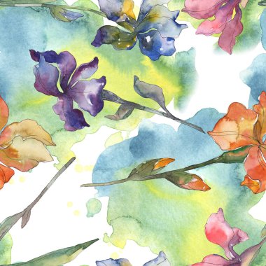Mor, kırmızı, turuncu ve mavi süsen botanik çiçek. Suluboya arka plan ayarlamak. Suluboya çizim moda aquarelle. Sorunsuz arka plan deseni. Kumaş duvar kağıdı yazdırma doku.