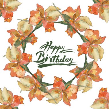 Turuncu Iris. Botanik çiçek. Vahşi bahar yaprak izole kır çiçeği. Suluboya arka plan illüstrasyon küme. Suluboya çizim moda aquarelle izole. Çerçeve kenarlığı süsleme Meydanı.