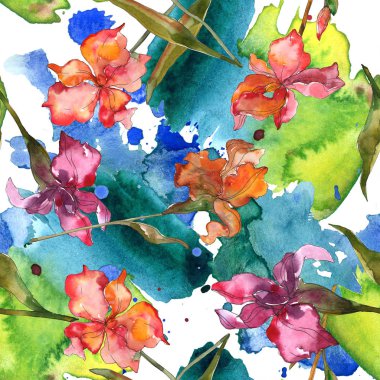 Kırmızı ve mor Süsen. Suluboya resim kümesi. Sorunsuz arka plan deseni. Kumaş duvar kağıdı yazdırma doku.