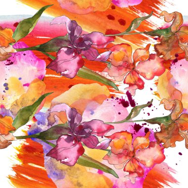 Kırmızı ve mor Süsen. Suluboya resim kümesi. Sorunsuz arka plan deseni. Kumaş duvar kağıdı yazdırma doku.