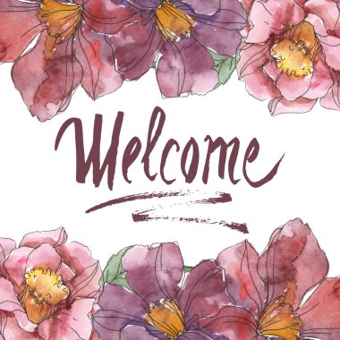 Kamelya kırmızı ve mor çiçekler. Suluboya arka plan illüstrasyon küme. Çerçeve kenarlığı süsleme yazıt ile.