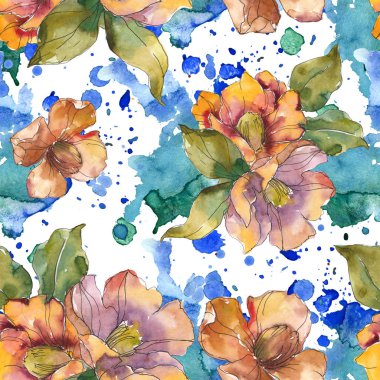 Kırmızı ve turuncu Kamelya çiçek yaprakları ve soyut desen ile. Suluboya resim kümesi. Sorunsuz arka plan.