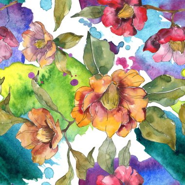 Kırmızı ve turuncu Kamelya çiçek yaprakları ve soyut desen ile. Suluboya resim kümesi. Sorunsuz arka plan.