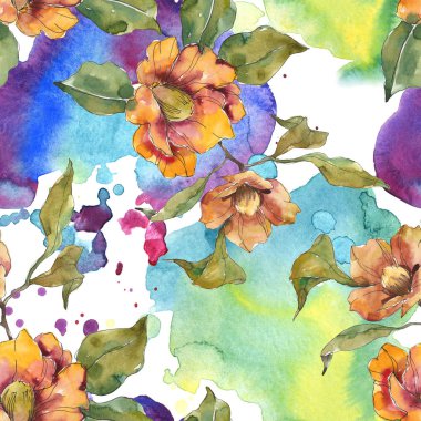 Kırmızı ve turuncu Kamelya çiçek yaprakları ve soyut desen ile. Suluboya resim kümesi. Sorunsuz arka plan.