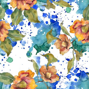 Kırmızı ve turuncu Kamelya çiçek yaprakları ve soyut desen ile. Suluboya resim kümesi. Sorunsuz arka plan.