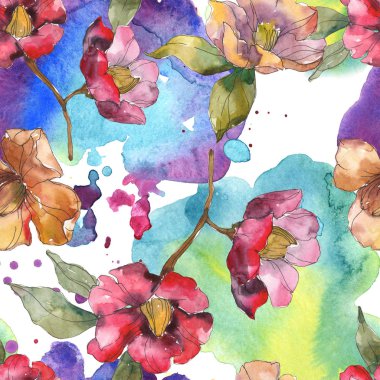 Kırmızı ve turuncu Kamelya çiçek yaprakları ve soyut desen ile. Suluboya resim kümesi. Sorunsuz arka plan.