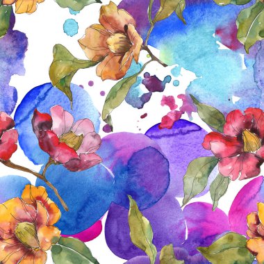 Kırmızı ve turuncu Kamelya çiçek yaprakları ve soyut desen ile. Suluboya resim kümesi. Sorunsuz arka plan.