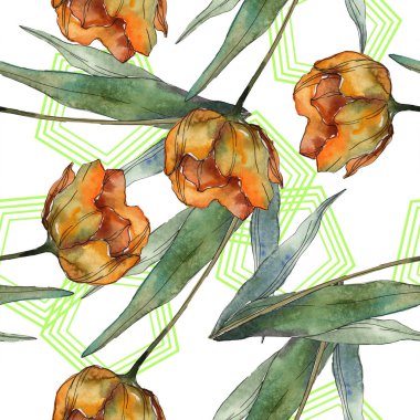 Turuncu ve kırmızı yaprakları ve çizgiler ile haşhaş izole. Suluboya resim kümesi. Sorunsuz arka plan deseni.