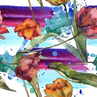 Kırmızı ve turuncu haşhaş yaprakları ile. Suluboya resim kümesi. Sorunsuz arka plan deseni.