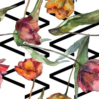 Turuncu ve kırmızı yaprakları ve çizgiler ile haşhaş izole. Suluboya resim kümesi. Sorunsuz arka plan deseni.