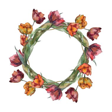 Burgundy ve kırmızı yaprakları ile haşhaş izole. Suluboya resim kümesi. Çerçeve kenarlığı süsleme kopya alanı ile.