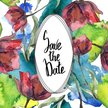 Burgundy ve kırmızı yaprakları ile haşhaş izole. Suluboya resim kümesi. Çerçeve kenarlığı süsleme ile tarihi yazı Kaydet.