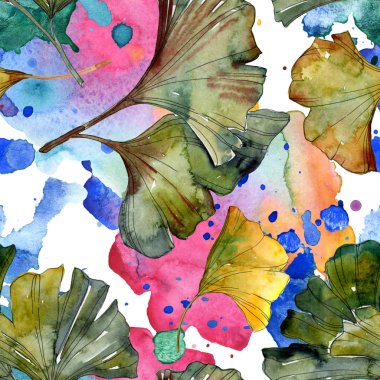 Sarı ve yeşil ginkgo biloba yaprakları suluboya resim. Sorunsuz arka plan deseni. 