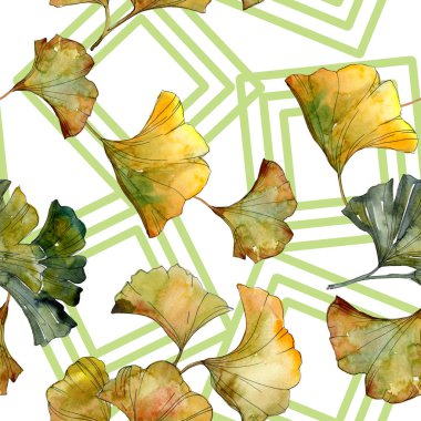 Çizgili yeşil ginkgo biloba yaprakları. Sulu boya resimde sorunsuz arka plan deseni. 
