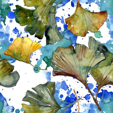 Sarı ve yeşil ginkgo biloba yaprakları suluboya resim. Sorunsuz arka plan deseni. 