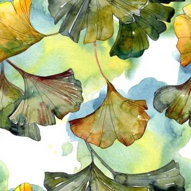 Sarı ve yeşil ginkgo biloba yaprakları suluboya resim. Sorunsuz arka plan deseni. 