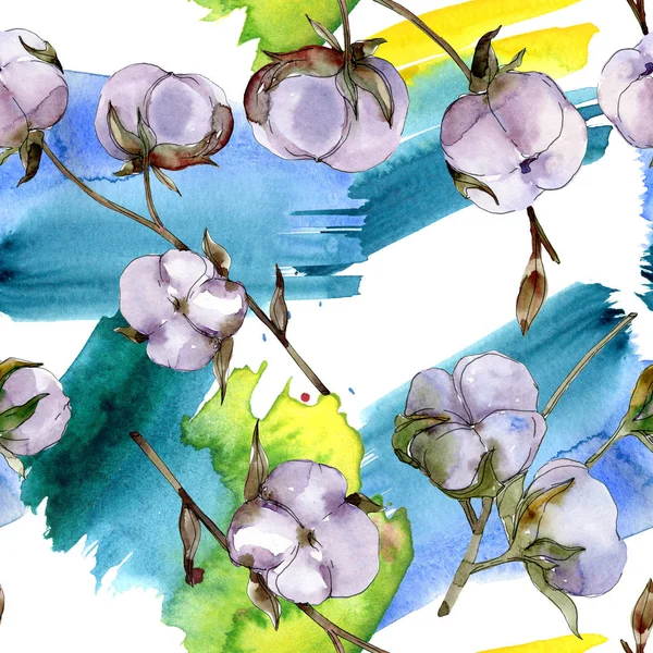Cotton flowers. Watercolor background illustration set. Seamless background pattern.