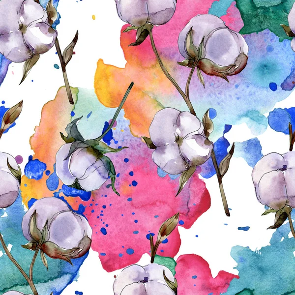 Kwiatów Bawełny Zestaw Ilustracji Tle Akwarela Bezszwowe Tło Wzór — Zdjęcie stockowe