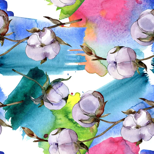 Cotton Flowers Watercolor Background Illustration Set Seamless Background Pattern — Stock Photo, Image