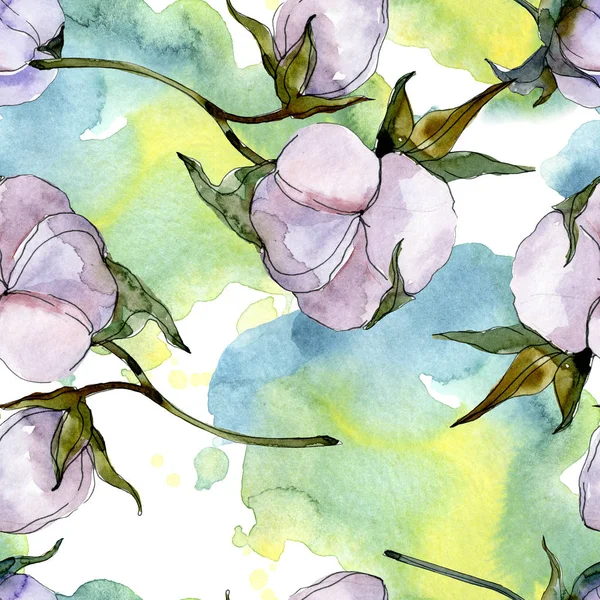 Kwiatów Bawełny Zestaw Ilustracji Tle Akwarela Bezszwowe Tło Wzór — Zdjęcie stockowe