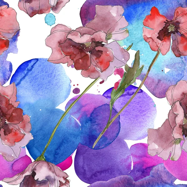紫色赤いケシ花植物の花 野生春葉が分離されました 水彩イラスト セット 水彩描画ファッション Aquarelle シームレスな背景パターン 壁紙印刷手触りの生地 — ストック写真
