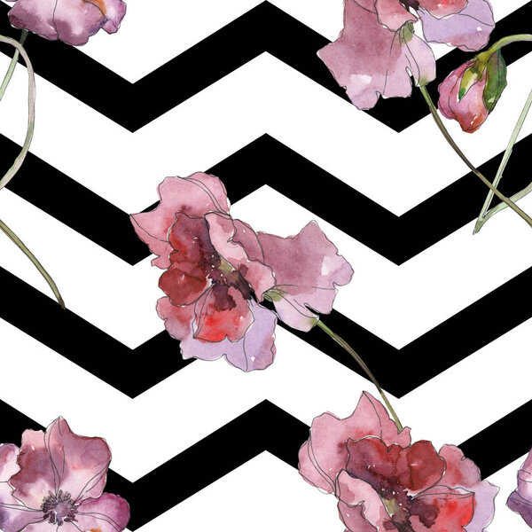 Purple red poppy floral botanical flower. Wild spring leaf isolated. Watercolor illustration set. Watercolour drawing fashion aquarelle. Seamless background pattern. Fabric wallpaper print texture.