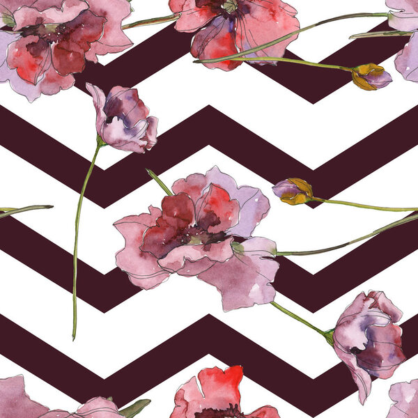 Purple red poppy floral botanical flower. Wild spring leaf isolated. Watercolor illustration set. Watercolour drawing fashion aquarelle. Seamless background pattern. Fabric wallpaper print texture.