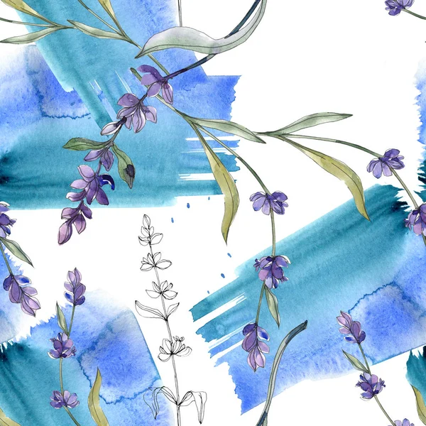 Purple Lavender Watercolor Illustration Set Seamless Background Pattern Fabric Wallpaper — Stock Photo, Image